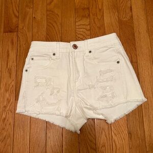 American Eagle White Distressed Hi-Rise Shorty Denim Shorts